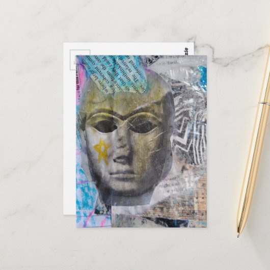 Ein steinernes Gesicht Abstracter Mixed-Media-Coll Postkarte (Vorderseite/Rückseite Beispiel)