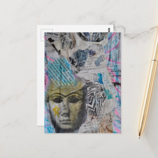 Ein steinernes Gesicht Abstracter Mixed-Media-Coll Postkarte (Vorderseite/Rückseite Beispiel)