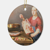 Ein Stillleben des Fleisches und der Fische mit Keramikornament (Links)