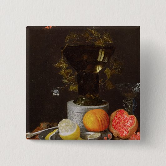Ein Stillleben mit einem Glas und einer Frucht auf Button (Vorderseite)