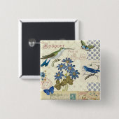 Ein Strauß blauer Blumen, Vögel und Schmetterlinge Button (Vorne & Hinten)