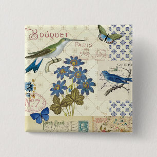 Ein Strauß blauer Blumen, Vögel und Schmetterlinge Button