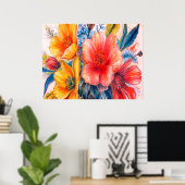 Ein Strauß wunderschöner blühender Blumen an einer Poster (Heimbüro)