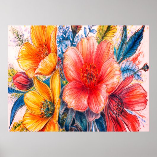 Ein Strauß wunderschöner blühender Blumen an einer Poster (Vorne)