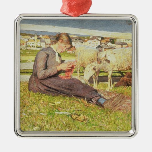 Ein strickendes Mädchen, 1888 (Öl auf Leinwand) Silbernes Ornament (Vorne)