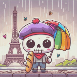 Ein super niedliches Skelett im regnerischen Paris Aufkleber