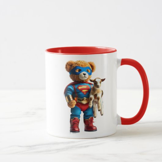 Ein Superheld-Bär hält ein Haar. Tasse (Rechts)