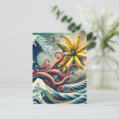 Ein surrealer Bananenkopf reitet eine Welle Postkarte (Stehend Vorderseite)