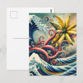 Ein surrealer Bananenkopf reitet eine Welle Postkarte (Vorne/Hinten)