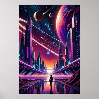 Ein surrealer Sonnenuntergang über der futuristisc Poster