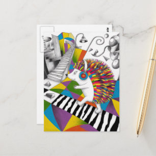 Ein surreales farbenfrohes Stachelschwein hört Mus Postkarte