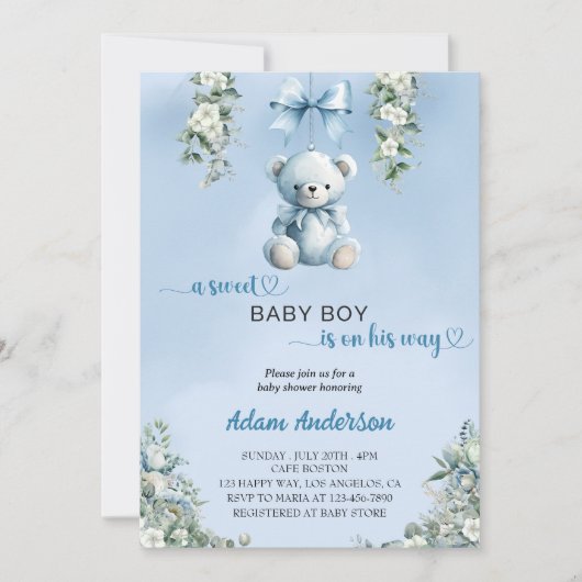 Ein süßer Baby-Boy ist unterwegs - Baby-Dusche. Einladung (Vorderseite)