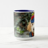 Ein süßer Cavachon Welpe in einem Winter-Hut und Tasse (Zentrum)