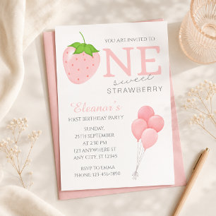 Ein süßer Erdbeeren-Erster-Geburtstag-Wasserfarben Einladung