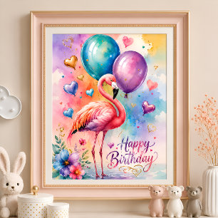 Ein süßer Flamingo mit Ballons Herz Geburtstag Poster