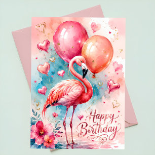 Ein süßer Flamingo mit Luftballons Herz Geburtstag Karte
