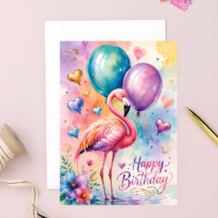 Ein süßer Flamingo mit Luftballons Herz Geburtstag Karte