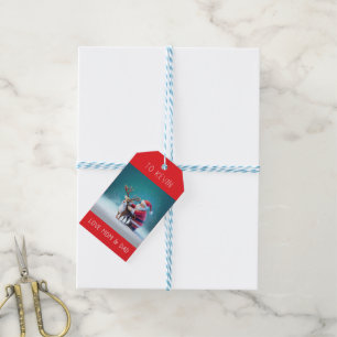 Ein süßer, fröhlicher Weihnachtsmann und Rudolf im Geschenkanhänger