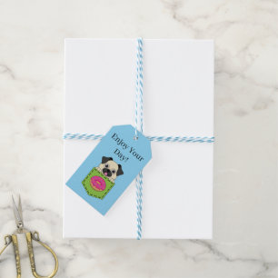 Ein süßer Hund, der hervorlugt, und ein Erdbeer-Do Geschenkanhänger