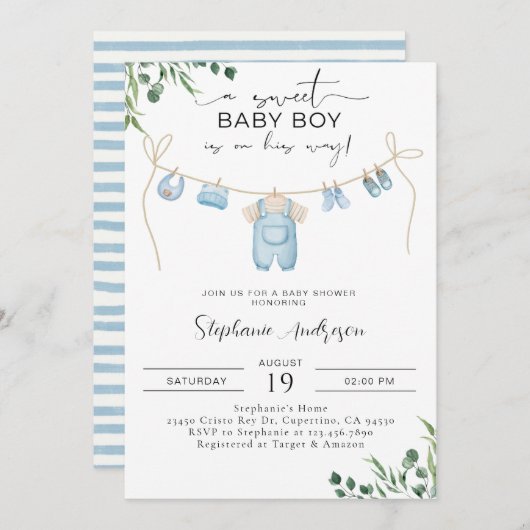 Ein süßer Junge ist unterwegs Wäsche Blue Einladung (Vorne/Hinten)