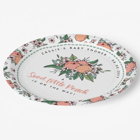 Ein süßer kleiner Pfirsich auf dem Weg zur Babydus Pappteller (Schrägansicht)