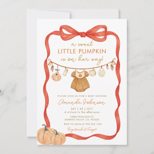 Ein süßer Kürbis ist auf dem Weg Babydusche Einladung (Vorderseite)