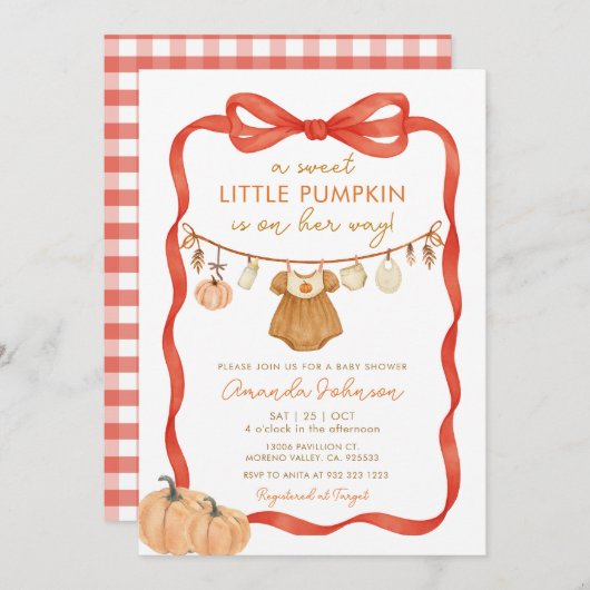 Ein süßer Kürbis ist auf dem Weg Babydusche Einladung (Vorne/Hinten)