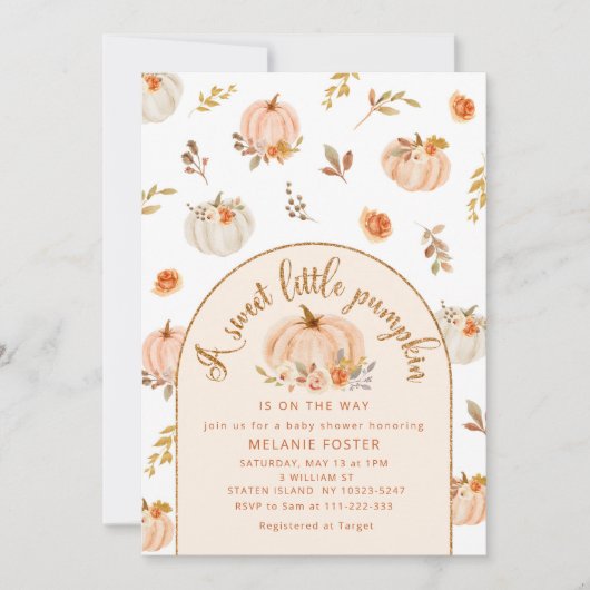 Ein süßer Kürbis ist auf dem Weg zur Babydusche Einladung (Vorderseite)