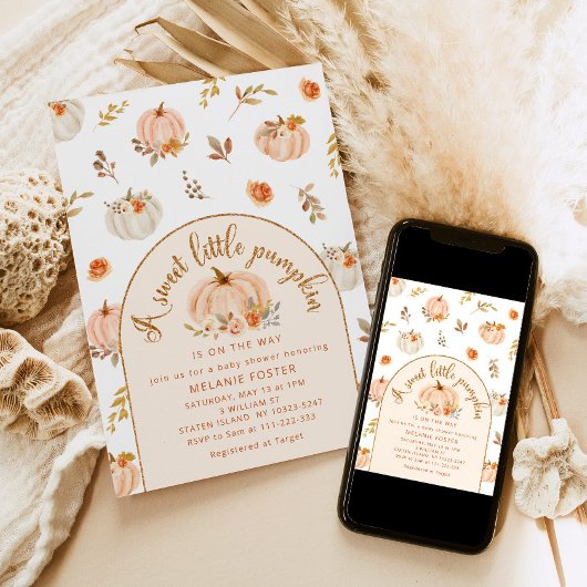 Ein süßer Kürbis ist auf dem Weg zur Babydusche Einladung