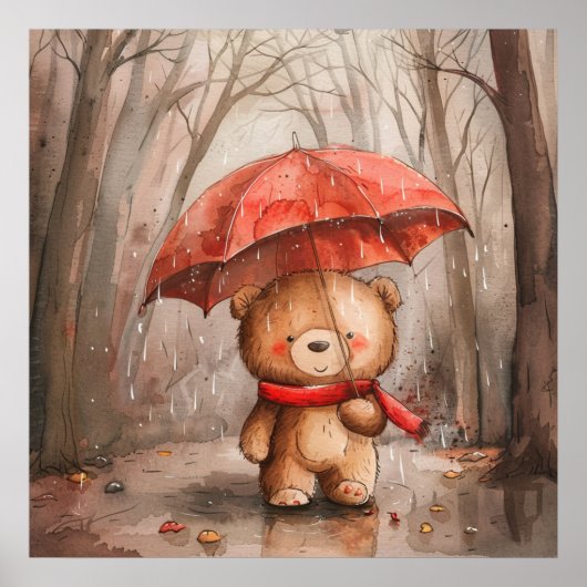 Ein süßer Teddybär im Regen Poster (Vorne)