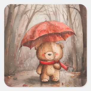Ein süßer Teddybär im Regen Quadratischer Aufkleber
