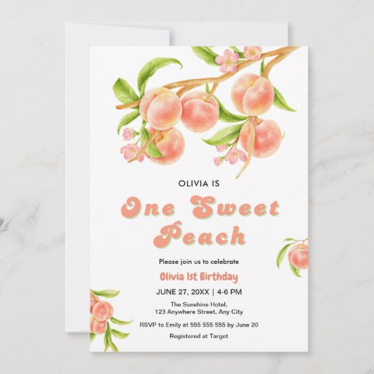 Ein süßes Pfirsichobst 1. Geburtstag Einladung (Vorderseite)