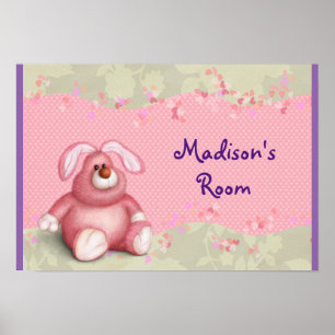 Ein süßes rosa Kaninchen mit Herzen und Laub Poster