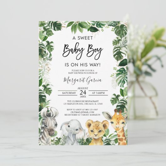 Ein Sweet Baby Boy Jungle Safari Animals Baby Dusc Einladung (Stehend Vorderseite)