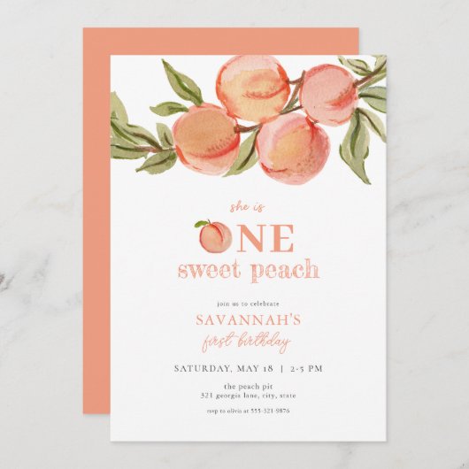 Ein Sweet Peach Einladung Pfirsich ersten Geburtst (Vorne/Hinten)