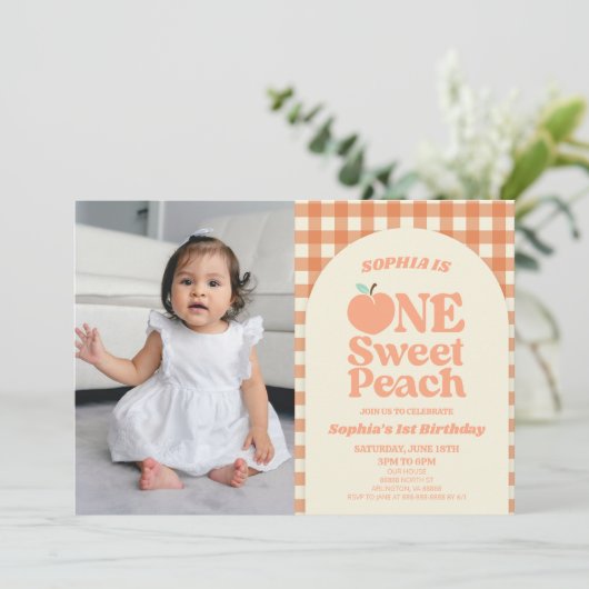 Ein Sweet Peach Picture erstes Party zum 1. Geburt Einladung (Stehend Vorderseite)