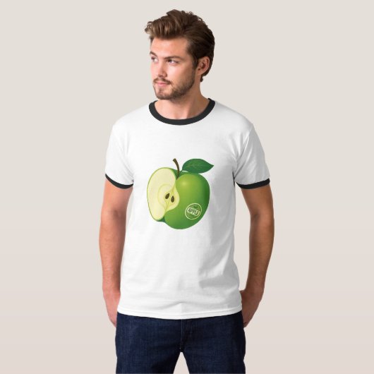 Ein T - Shirt mit einer Abbildung eines grünen Apf (Vorne ganz)