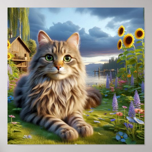 Ein Tabby Cat Ruhen in einer ruhigen Landschaft Poster (Vorne)