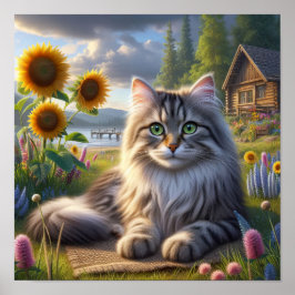 Ein Tabby Cat Ruhen in einer ruhigen Landschaft Poster