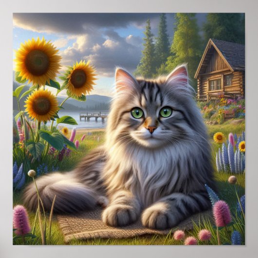 Ein Tabby Cat Ruhen in einer ruhigen Landschaft Poster (Vorne)