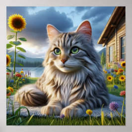 Ein Tabby Cat Ruhen in einer ruhigen Landschaft Poster