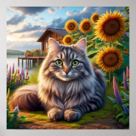 Ein Tabby Cat Ruhen in einer ruhigen Landschaft Poster