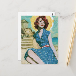 Ein Tag am Strand Retro-Frau in Blau mit Punkten Postkarte