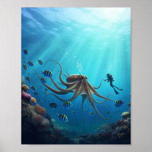 Ein Taucher entdeckt ein riesiges Meeresungeheuer Poster