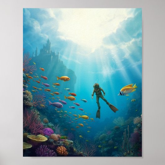 Ein Taucher entdeckt ein Schloss im Riff Poster (Vorne)