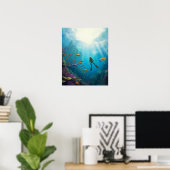 Ein Taucher entdeckt ein Schloss im Riff Poster (Heimbüro)