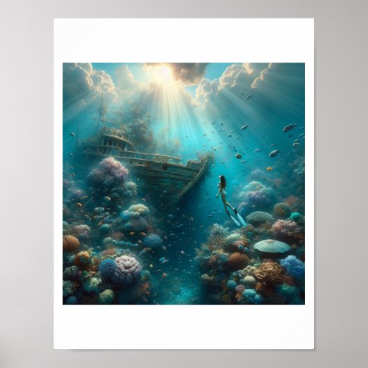 Ein Taucher erkennt ein Schiffswrack Poster (Vorne)