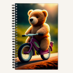 Ein Teddybär, der ein FahrradNotebook fährt Notizblock