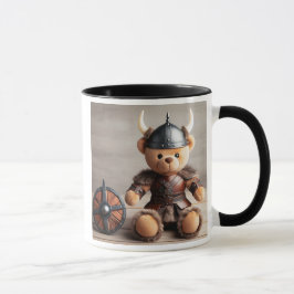 Ein Teddybär mit Helm und Schild. Tasse