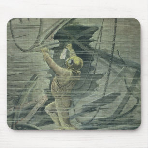 Ein Tiefsee-Taucher, der die Wracke betrachtet Mousepad